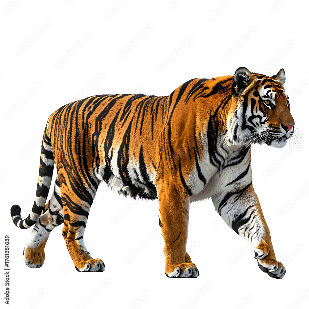 Obraz premium PNG Striking Tiger: A majestic tiger confidently strides forward, showcasing its iconic orange and black striped coat, its piercing eyes revealing a sense of regal presence.