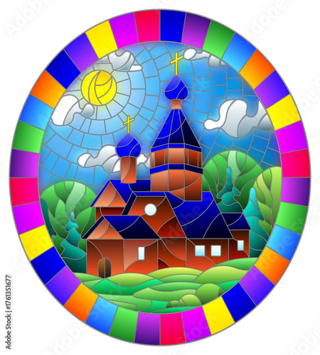 Wallpaper Mural Illustration in stained glass style with Church on the background of summer landscape, a Church on the background of the Sunny sky and green trees, oval image in bright frame Torontodigital.ca