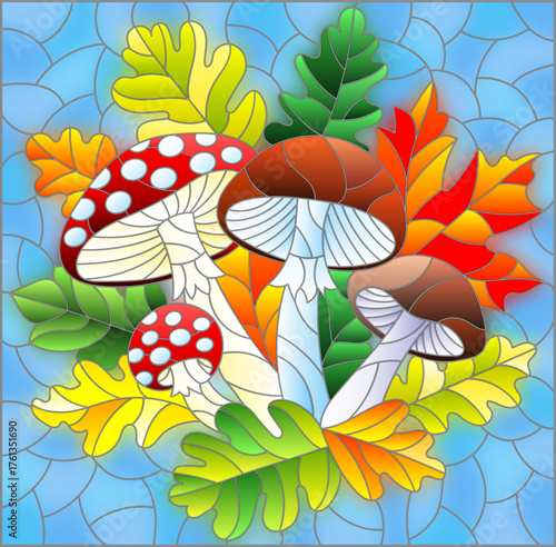 An illustration in the style of a stained glass window with a composition of mushrooms and leaves on a blue background