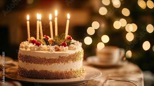 Birthday cake with candles and festive decorations on table  