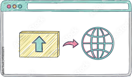 Website Content Upload Process Illustration: Data Transfer to Global Server for Online Presence, Representing Internet Technology and Web Development Services in a Modern, Innovative Design for Digita