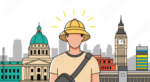 Adventurous Traveler Exploring Urban Landscape with Pith Helmet: Sightseeing in London England, Touring Architecture and Historic Landmarks for Vacation, Holiday, Tourism. Cultural Exploration with Tr