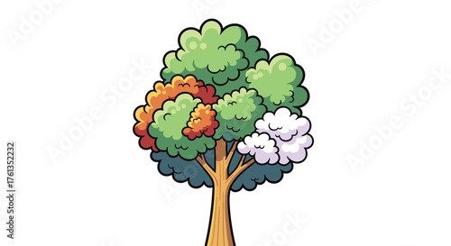 Colorful Cartoon Tree Standing Tall in a White Landscape Illustration, Representing Four Seasons, Growth, Nature, and Environmental Awareness for Children's Education Materials and Eco-Friendly Design