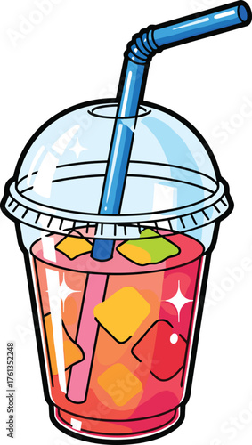 Refreshing Summer Drink with Ice Cubes and Straw in Plastic Cup Illustration: A Cartoon Style Beverage Image for Marketing, Presentations, Advertising, and Lifestyle Content; Featuring Cold, Fruity Fl