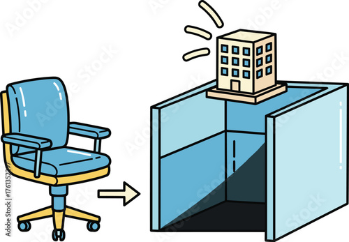 Office Chair Moving into Cubicle with Skyscraper Building on Top Representing Corporate Career Advancement, Job Promotion, Relocation, Business Growth, Opportunity in Modern Workplace Illustration, Ve