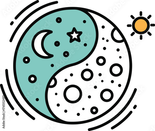 Yin Yang Symbol Illustrating Balance of Day and Night, Moon and Sun with Celestial Starry Sky for Harmony and Meditation Practices, Mystical Wellness Concepts, Graphic Resource for Esoteric Designs an