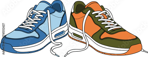 Pair of Sporty Sneakers for Fitness Fashion: Athletic Footwear for Running, Walking, Training, and Exercise on White Background. Modern Lifestyle Illustration for Activewear Advertising and Marketing,