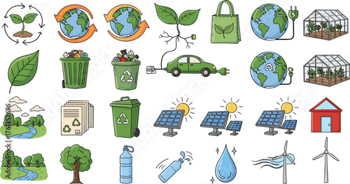 Sustainable Living Icons Promoting Environmental Conservation & Ecological Balance: Green Energy, Recycling, Renewable Resources, Eco-Friendly Transportation, Waste Reduction, and Climate Action for a