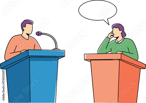 Dynamic Debate Illustration: Two Speakers Presenting Arguments in a Public Forum on Podiums with Speech Bubble, Showcasing Diverse Perspectives, Engaging Communication,  Rhetoric, Political Discourse,
