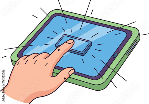 Hand Interacting with Touchscreen Tablet Interface in Modern Technology Concept for Digital Communication and Business Applications, Vector Illustration for Presentation, Advertisement, Marketing, Mob