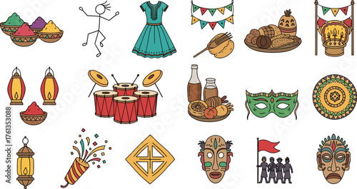 Vibrant Celebration Icons Depicting Global Cultural Festivals & Traditions: Festive Garments, Food, Music, & Dance Representing Diversity, Heritage, Community Events, & Social Gatherings for Marketing