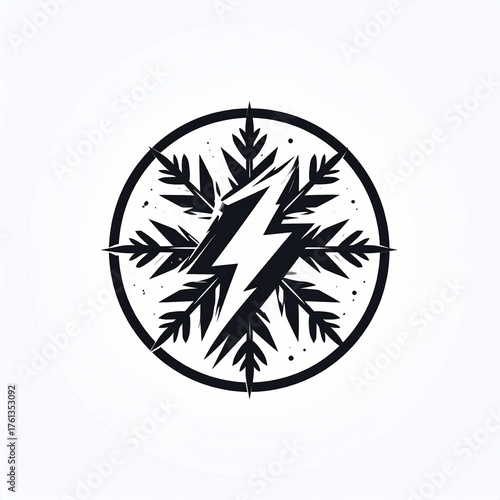 Bold abstract symbol combining sharp lightning bolt with snowflake and circular frame