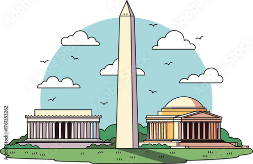 Washington DC Landmarks Illustration: Monuments, Memorials, Obelisk in Minimalist Landscape with Clouds and Birds against Sky, Promoting Tourism, Travel, History Education, Government, and Capital Cit