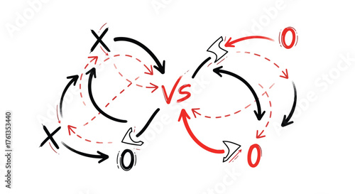 Vector illustration of tictactoe game strategy with arrows and x o symbols isolated on white