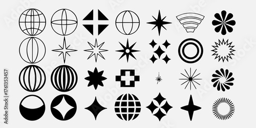 Collection of diverse geometric shapes and abstract symbols in black and white