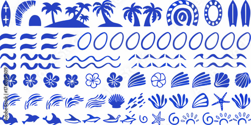 Collection of blue tropical island beach vacation and ocean themed icons and elements