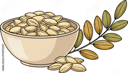 Bowl of Shelled Pumpkin Seeds Displayed with Branch of Leaves, Nutrition-Packed Snack in Elegant Beige Bowl, Still Life in Natural Light, Healthy Food, Food Illustration for Cookbook, Recipe Card, or
