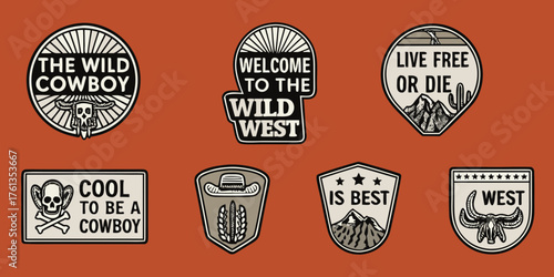 Collection of vintage western style badges and patches featuring cowboy themes and slogans