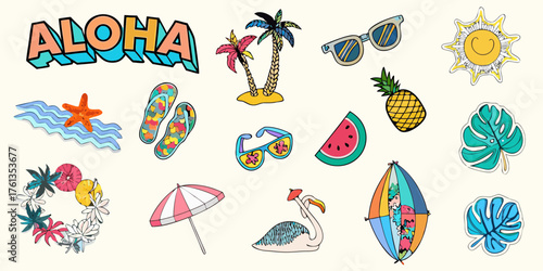 Bright and cheerful aloha summer vacation icons and symbols collection for a tropical beach holiday