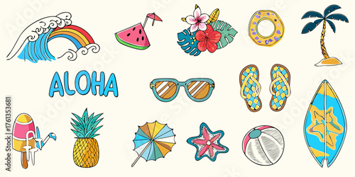 Collection of colorful hand drawn summer vacation icons for a tropical beach holiday