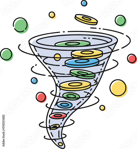 Stylized Tornado Swirling with Colorful Debris Illustration Amidst White Backdrop, Representing Natural Disaster, Chaos, and Disruptive Weather Event, Suitable for Educational Materials, Business Risk