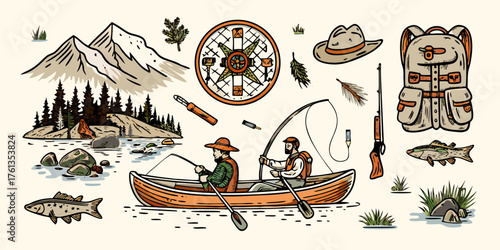Two men fishing from a canoe in a scenic mountain lake surrounded by forest and outdoor adventure gear