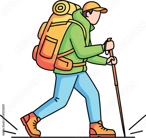 Solo Hiker Trekking Through Nature with Backpack and Hiking Poles Illustration - Adventure Travel and Exploration, Outdoor Lifestyle, Healthy Recreation, Active Sport, Trekking and Camping Gear, Ecoto