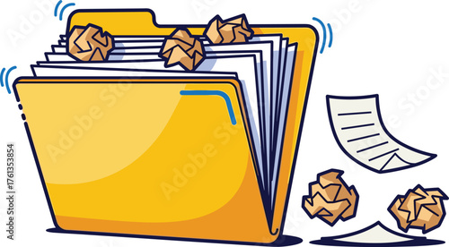 Overstuffed Yellow File Folder Overflowing with Documents and Crumpled Papers on White Backdrop Illustrating Disorganization, Stress, and Overwork in Business, Education, and Creative Industries as Gr