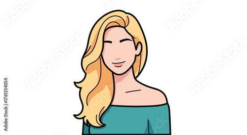 Confident Woman Illustration with Blonde Hair and Teal Off-Shoulder Top Smiling Gently for Fashion and Beauty Marketing, Lifestyle Blogs, Presentations, Healthcare, Education, and Creative Design Proj