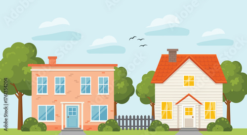 Cartoon Neighborhood Houses in Sunny Suburbia Illustration with Two Colorful Homes, Lush Green Trees, and Fluffy Clouds, Representing Community, Real Estate, Family Living, and Dream Home Ownership, f