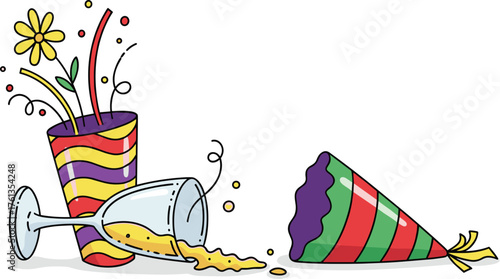 Festive Celebration Aftermath with Spilled Drink, Party Hat and Confetti - Cartoon Style Graphic Illustration for Holiday Marketing, Event Advertising, and Birthday Invitation Designs with a Playful,