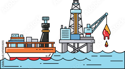 Offshore Oil Rig Platform with Support Vessel at Sea Extracting Petroleum Resources, a Maritime Industry Illustration for Energy Production, Fuel Supply, and Global Economics, in a Clean Modern Vector