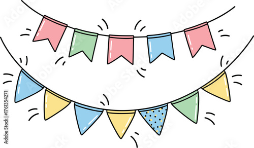 Colorful Party Bunting Decoration Illustration with Pennants Hanging on String for Celebrations, Festivals, and Events, Cheerful Decorative Elements for Birthday Parties and Festive Gatherings, Hand-D