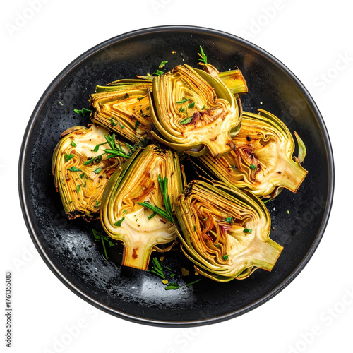 Grilled artichoke halves with rosemary sprigs on a dark plate isolated white background