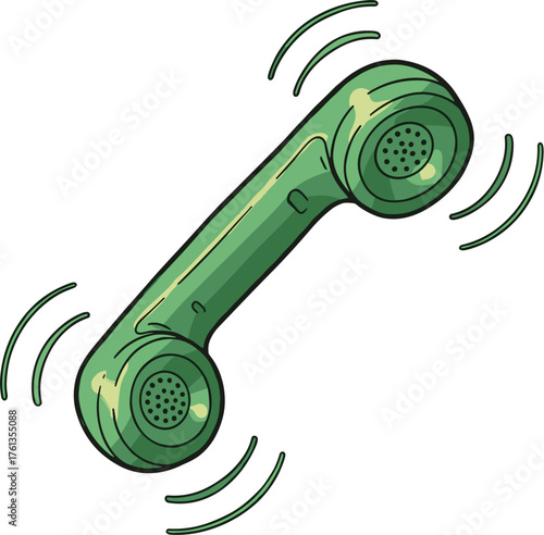 Vintage Green Telephone Receiver Ringing - Retro Communication Device with Sound Waves, Cartoon Illustration Style for Business Contact, Technical Support, Old-Fashioned Era, Customer Service, Telecom
