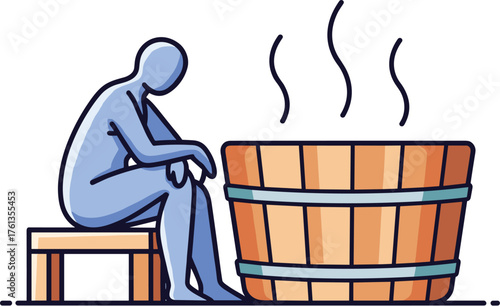 Relaxing in a Traditional Sauna Experience: Man Enjoying a Hot Steam Bath for Wellness and Cleansing, Embracing the Soothing Heat in a Wooden Tub, a Health and Lifestyle Practice for Stress Relief and
