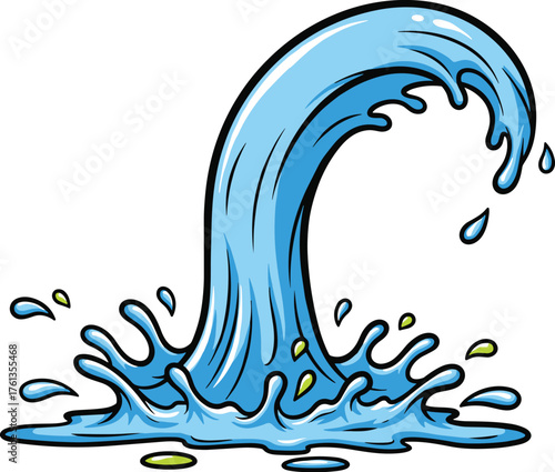 Dynamic Water Cascade Cartoon Illustration, Splashing Fluid Isolated on White Background, Ideal for Hydration Concepts, Environmental Awareness, and Natural Resource Graphics, Promoting Freshness, Pur