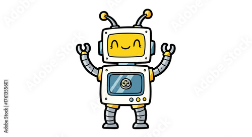 Cheerful Cartoon Robot Character Waving Greetings on White Background - Conceptual Illustration for Technology, Education, and Children's Content - Fun, Friendly Mascot Design with Geometric Shapes, R