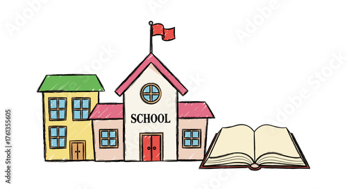 Charming School Building Illustration with Open Book Depicting Education and Learning in a Whimsical Style for Educational Materials, Back-to-School Designs, and Children's Illustrations with  Learnin