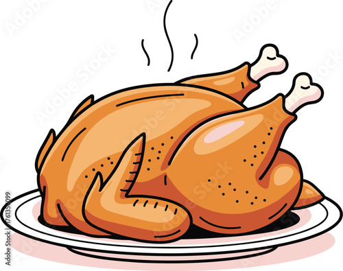 Golden Roasted Turkey Ready for Thanksgiving Feast on Platter: Delicious Thanksgiving Dinner, Family Celebration, Holiday Meal, Tradition, Cartoon Illustration, Isolated, Traditional Cooking, Gourmet