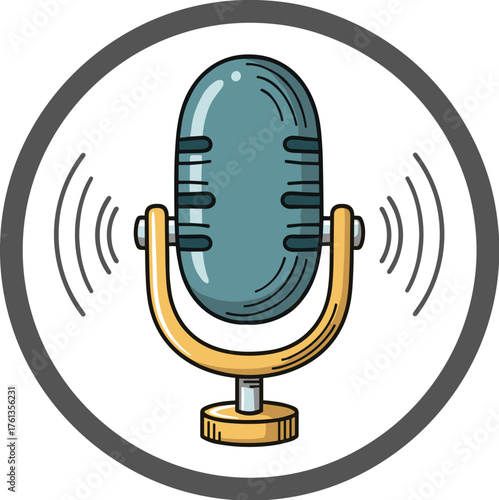 Vintage Microphone Broadcasting a Live Podcast Recording Session in Studio, Hosting Audio Program, Retro Radio Equipment,  Talk Show, Communication Technology, Voice Recording,  Journalism,  Online St