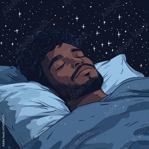 An illustration depicting a dark-skinned man sleeping peacefully in bed under a blanket with a starry night background.   , vector style simple color