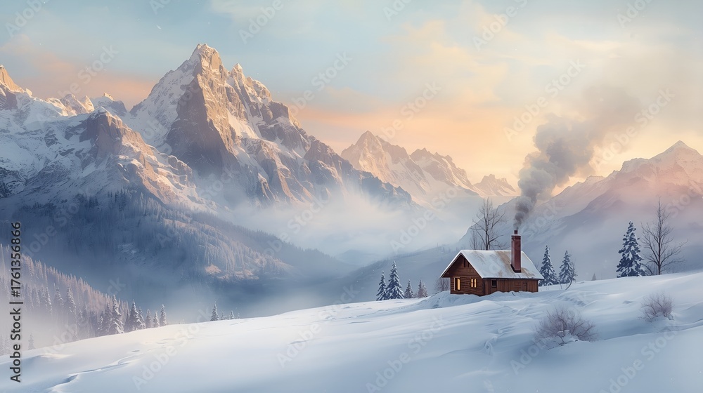 Fototapeta premium Wooden Cabin in Snow-Covered Valley – Serene Alpine Winter Scene