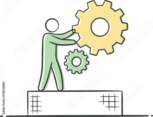 Effective Collaboration Process Management Illustrated in a Minimalist Design: Man Implementing Gears in Workflow Integration on a Platform for Efficiency and Progress, Technology Integration for Busi