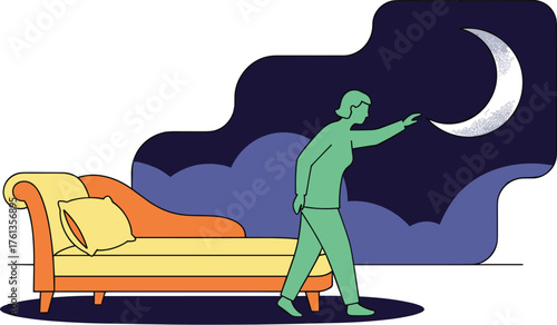 Woman Reaching for the Moon in Dreamy Nightscape with Retro Chaise Lounge: Creative Psychotherapy Concept for Mental Health, Wellness, and Relaxation in Modern Minimalist Illustration Style for Presen