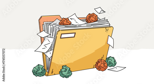Overflowing File Folder Cartoon Clipart with Scattered Papers and Crumpled Balls Illustrating Disorganization and Overwork in a Business Office Setting for Presentations, Reports and Creative Document