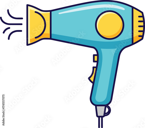 Hair Dryer Blowing Air for Styling and Grooming in a Cartoon Style Illustration. Appliance for Personal Care, Beauty Salon, Cosmetology, and Fashion. Modern Technology for Drying and Volumizing Hair P