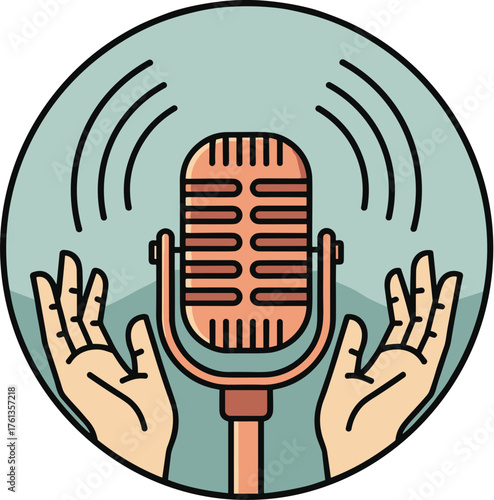 Vintage Microphone Illustration in Artistic Circle with Hand Gestures, Representing Voice, Audio, Podcast, or Recording Studio for Media, Entertainment, and Communication Projects, Modern Graphic Reso