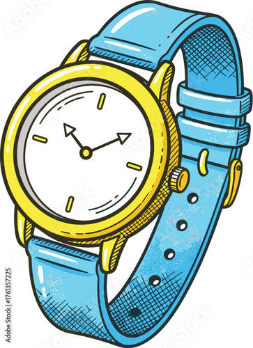 Elegant Wristwatch Illustration Showing Time Management Concept in Modern Design, Gold Casing and Blue Leather Strap, Professional Accessory for Fashion, Style, Schedule, Planning, and Punctuality, Gr