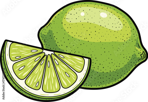 Fresh Lime Fruit Illustration with Wedge Slice for Culinary Presentation: Tropical Citrus Flavor in a Hand-Drawn Style for Beverage Marketing & Food Branding, Modern Kitchen Decor, Recipe Design, Heal
